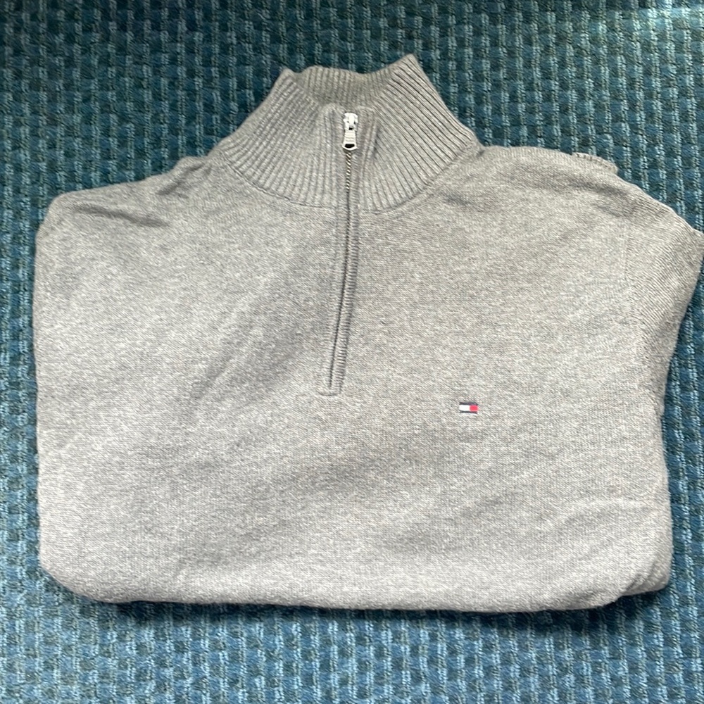 Men’s Tommy Hilfiger Large Gray Quarterzip Preppy Sweater 100% Cotton